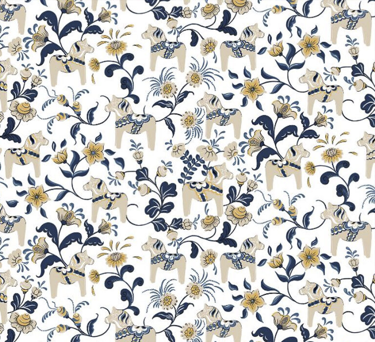 Jersey (trikå) - Dalahästar beige/blå - Vit (GOTS), ca 1m