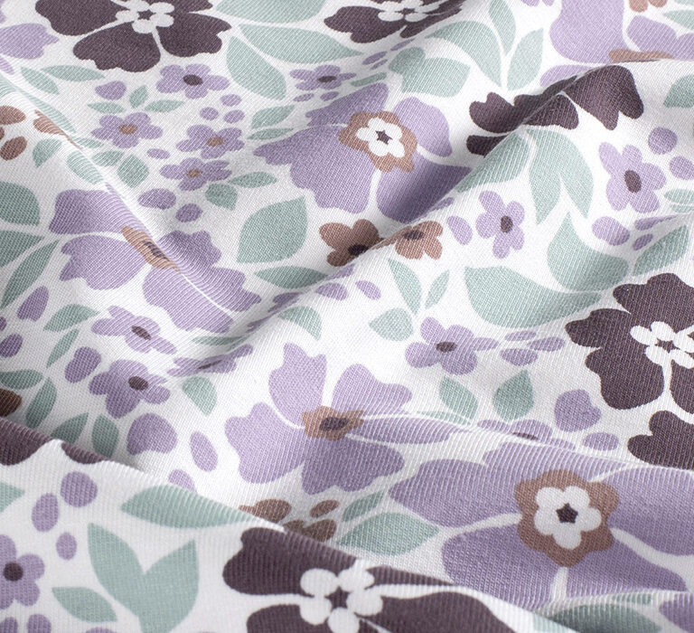 Jersey (trikå) - Lila och turkosa blommor - Offwhite