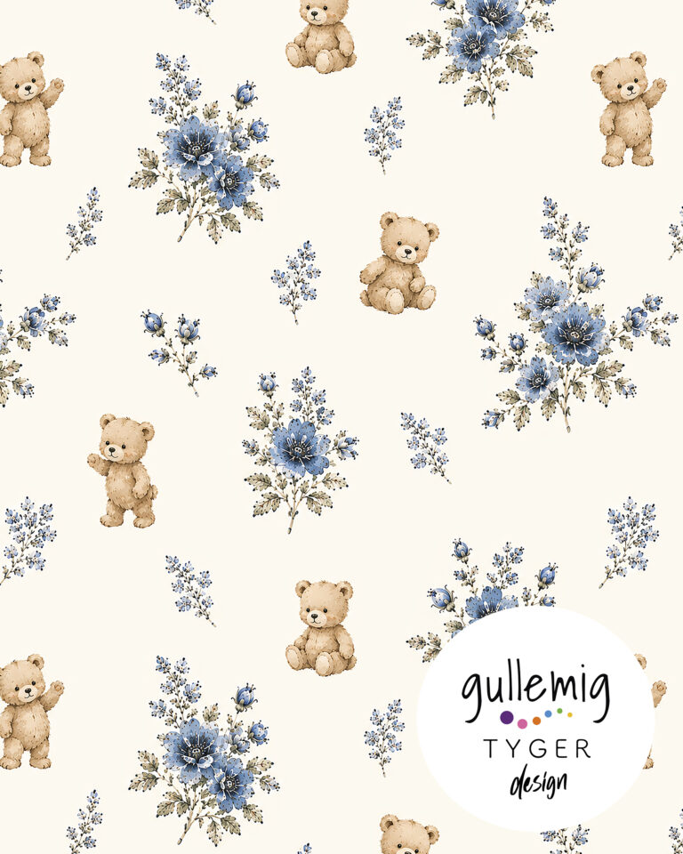 Jersey (trikå) - Söta nallar och blå blommor - Offwhite (GOTS)