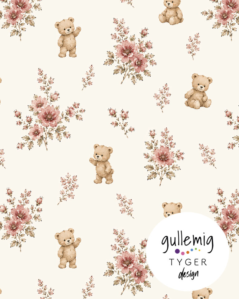 Jersey (trikå) - Söta nallar och rosa blommor - Offwhite (GOTS)