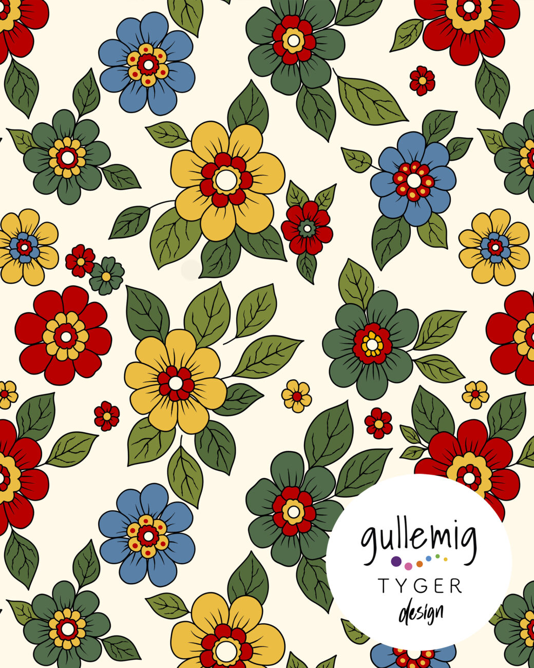 Jersey (trikå) - Färgglada blommor - Creme (GOTS)